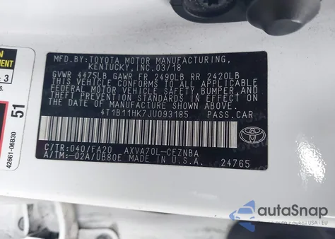 2018 Toyota Camry Le z USA, uszkodzony, nr VIN 4T1B11HK7JU093185
